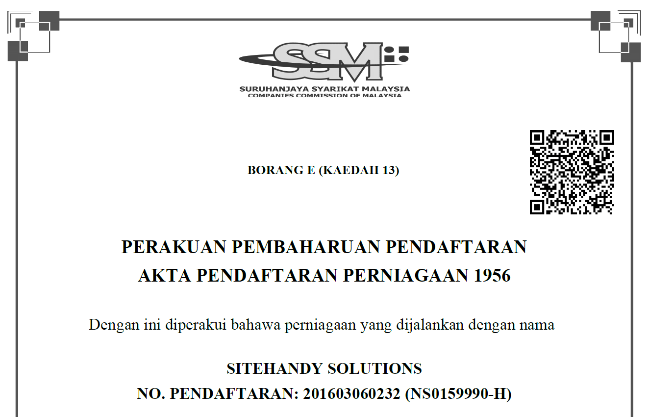 Sitehandy Solutions SSM Business Registration Certificate