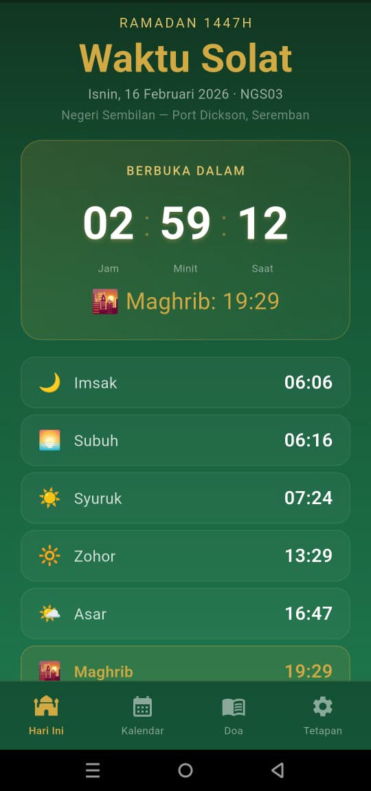 Waktu Berbuka Puasa app showing prayer times and the countdown to iftar in Port Dickson